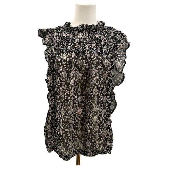 Beachlunchlounge Ruffle Sleeveless Blouse Black White Floral Women S Boho Chic - Picture 1 of 8